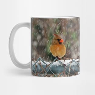 Winter Male and Female Cardinals Sitting On A Fence In A Snowstorm Mug